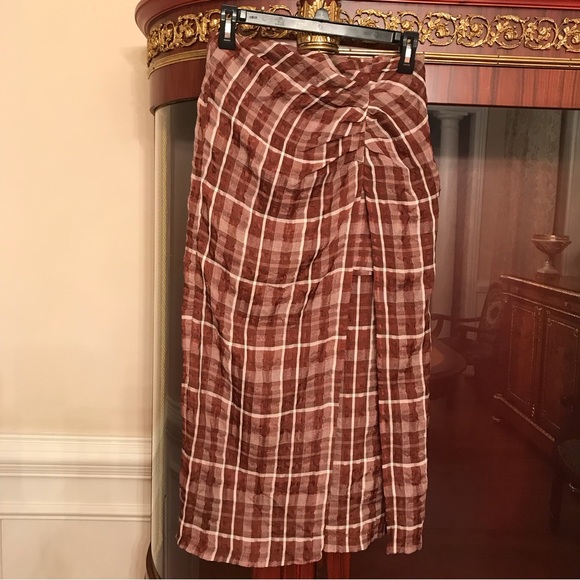 Zara Checkered print chiffon crinkle effect midi skirt with front slit Sz.XS - Picture 3 of 11